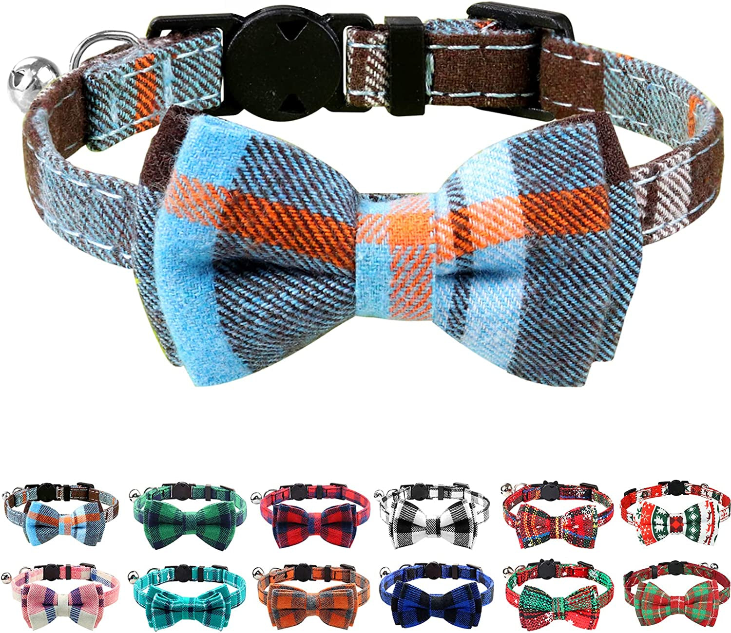 Joytale Upgraded Cat Collar with Bells, Breakaway Cat Collars with Bow Tie, 1 Pack Girl Boy Safety Plaid Kitten Collars, Haze Blue