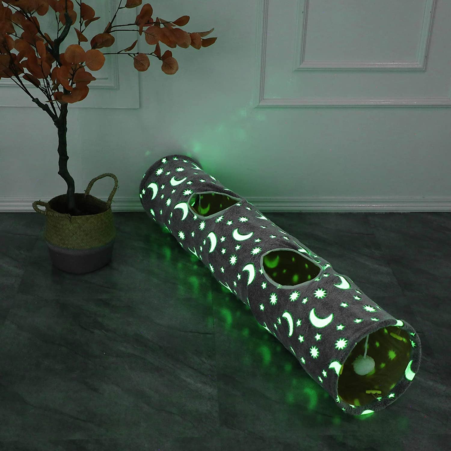 LUCKITTY Cat Tunnel Tube with Plush Ball Toys Collapsible Self-Luminous Photoluminescence, for Small Animals Pets Bunny Rabbits, Kittens, Ferrets,Puppy and Dogs Grey Moon Star