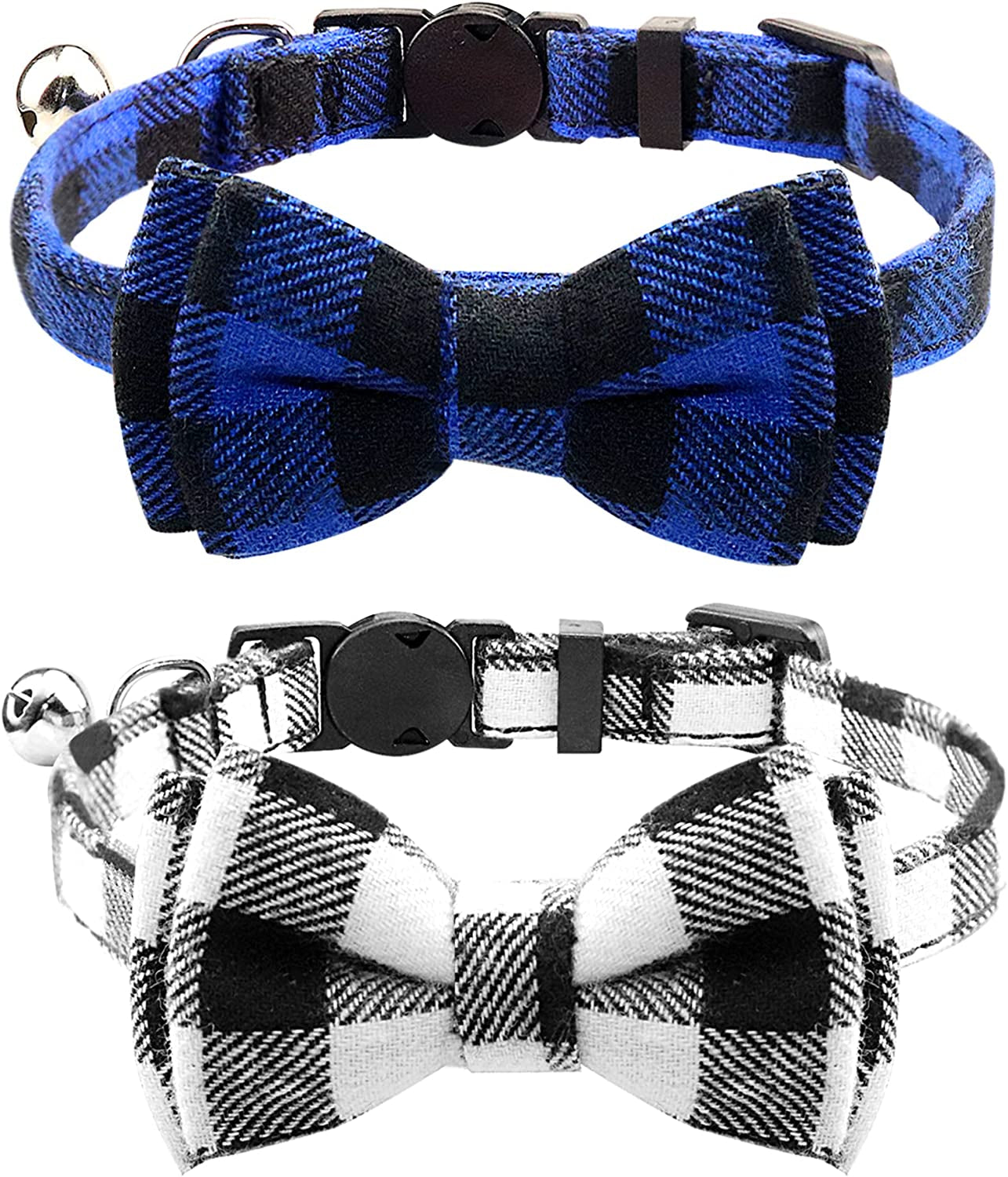 Joytale Upgraded Cat Collar with Bells, Breakaway Cat Collars with Bow Tie, 1 Pack Girl Boy Safety Plaid Kitten Collars, Haze Blue