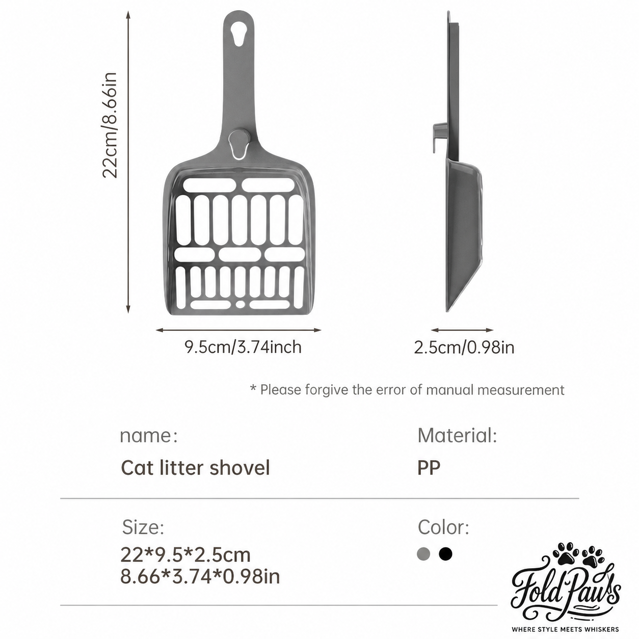 Fold Paws Cat Litter Scoop with Hook - Wide Slotted PP Litter Shovel