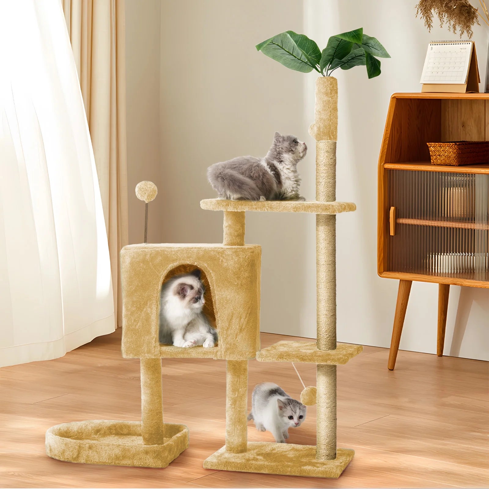 Cozy Green Leaf Cat Tree Tower with Scratching Posts and Hang Ball