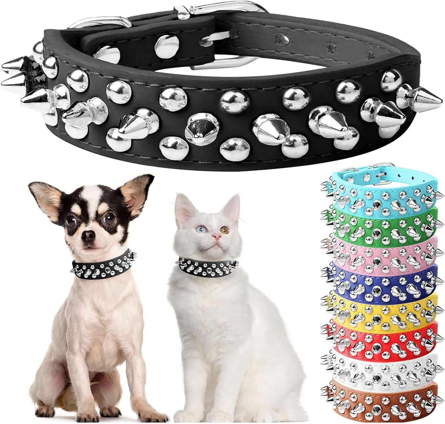 Spiked Dog Cat Collar, Soft White Leather Adjustable Puppy Collar with Studded Spikes, Anti-Bite Design for Small Dogs & Cats (XS, White)