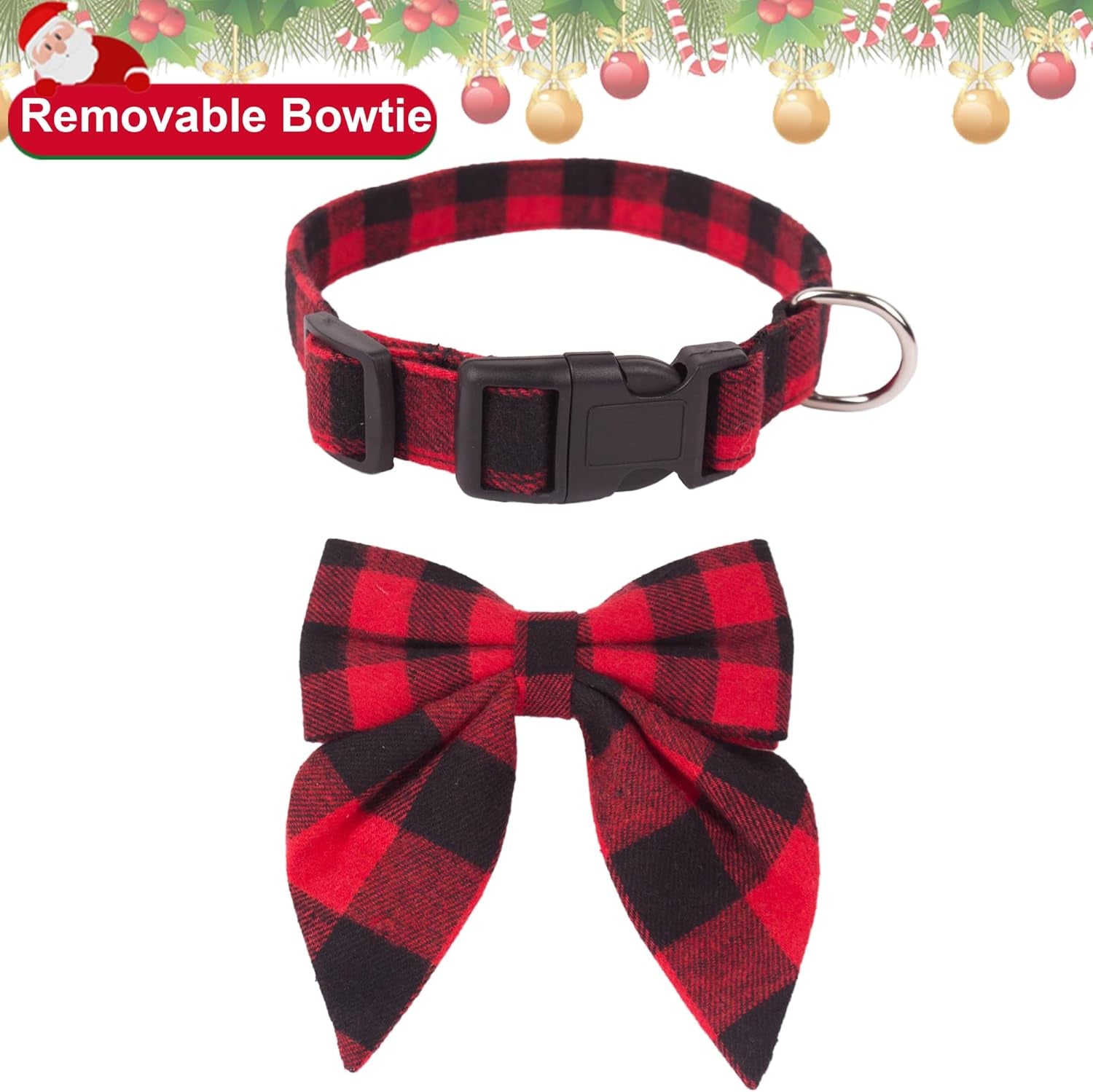 ADOGGYGO Christmas Dog Collar with Bow, Adjustable Red Plaid Bowtie Collar for Large Dogs, Festive Pet Accessory