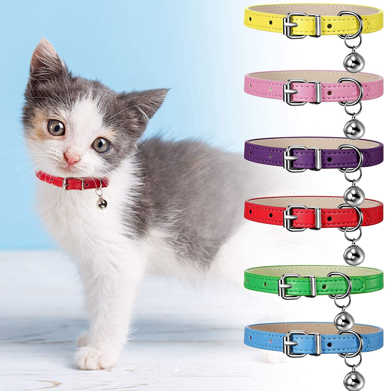 Weewooday 6-Pack Leather Cat Collar with Bell, Safety Elastic Strap, Adjustable Collars for Kittens & Small Pets (Bright Colors)