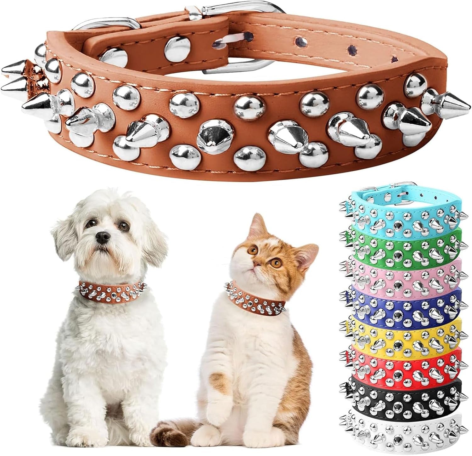 Spiked Dog Cat Collar, Soft White Leather Adjustable Puppy Collar with Studded Spikes, Anti-Bite Design for Small Dogs & Cats (XS, White)