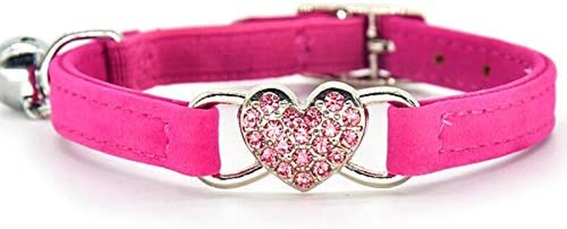 CHUKCHI Pink Soft Velvet Safe Cat Adjustable Collar with Crystal Heart Charm and Bells 8-11 Inches(Black+Red+Pink+Blue)