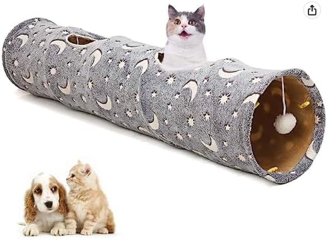 LUCKITTY Cat Tunnel Tube with Plush Ball Toys Collapsible Self-Luminous Photoluminescence, for Small Animals Pets Bunny Rabbits, Kittens, Ferrets,Puppy and Dogs Grey Moon Star