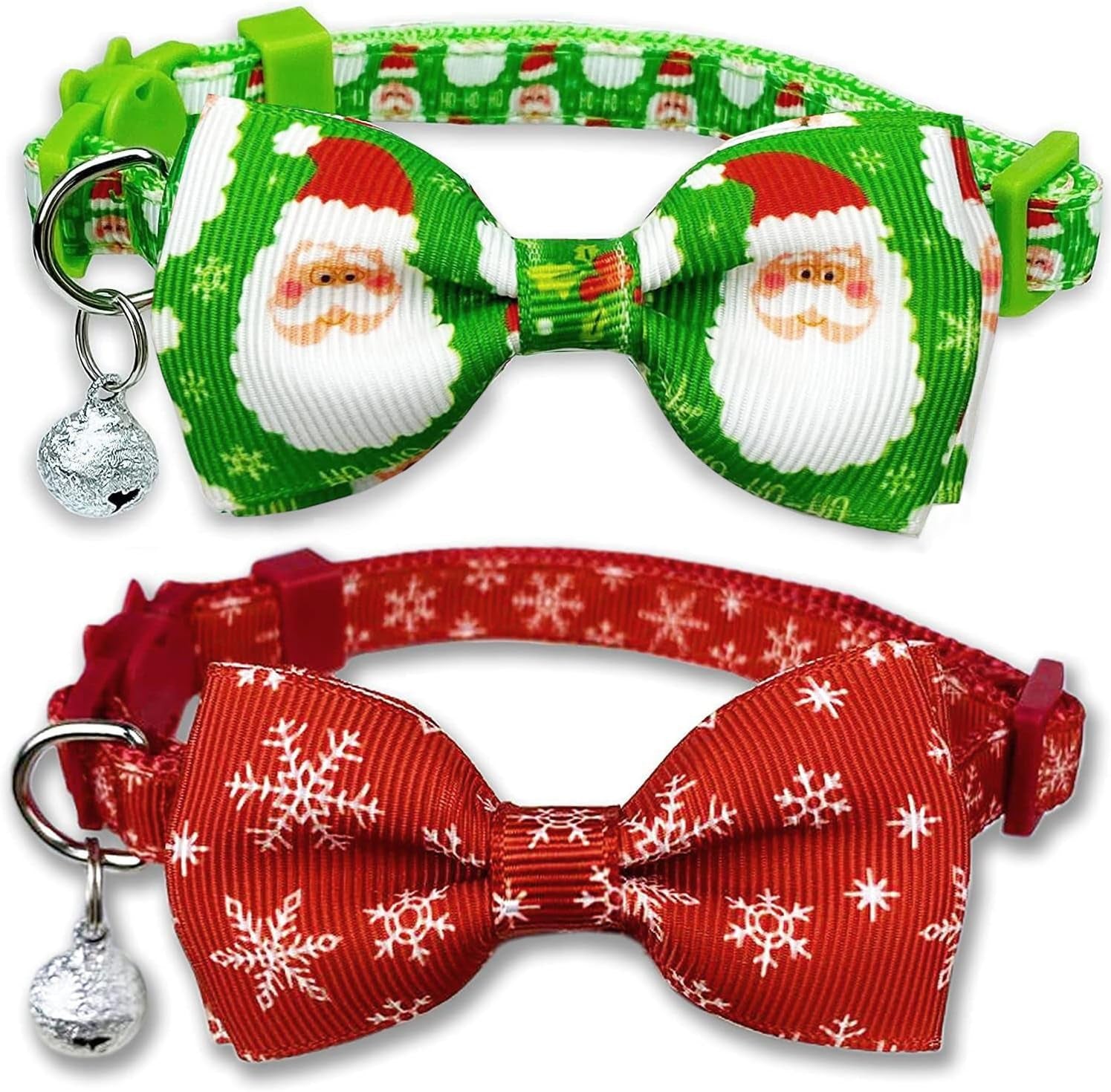 Pohshido Christmas Cat Collar Set, Adjustable Breakaway Bow Tie Collars with Bell, Festive Santa & Snowflake Design