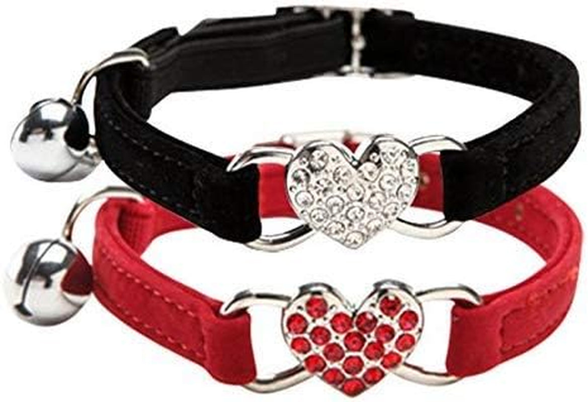 CHUKCHI Pink Soft Velvet Safe Cat Adjustable Collar with Crystal Heart Charm and Bells 8-11 Inches(Black+Red+Pink+Blue)