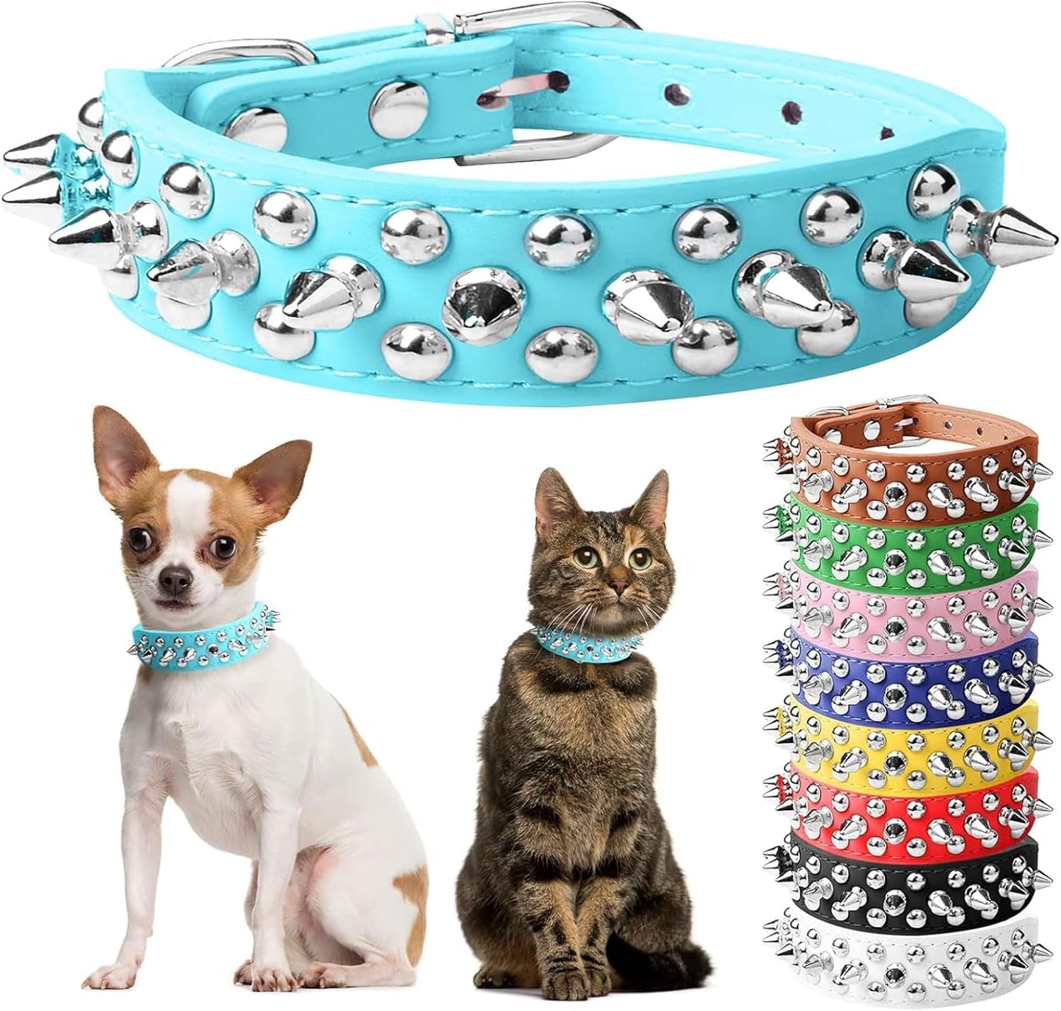 Spiked Dog Cat Collar, Soft White Leather Adjustable Puppy Collar with Studded Spikes, Anti-Bite Design for Small Dogs & Cats (XS, White)