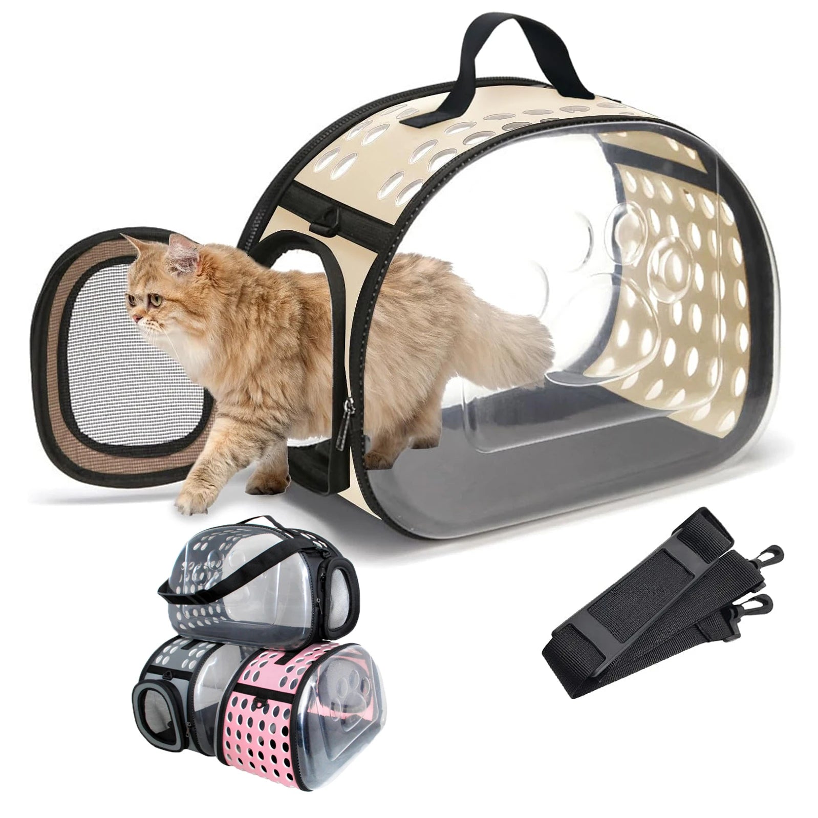 Transparent Foldable Outdoor Pet Travel Carrier Bag for Dog Cat Crossbody Portable Breathable Collapsible Travel Cat Carrier Bag