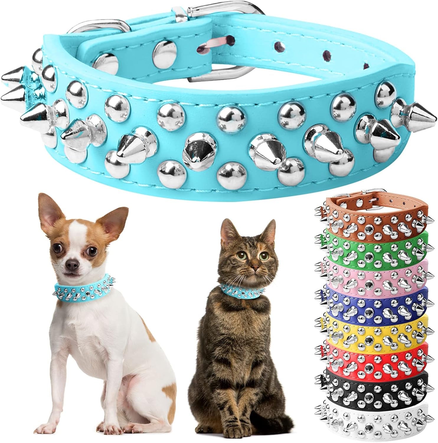 Spiked Dog Cat Collar, Soft White Leather Adjustable Puppy Collar with Studded Spikes, Anti-Bite Design for Small Dogs & Cats (XS, White)