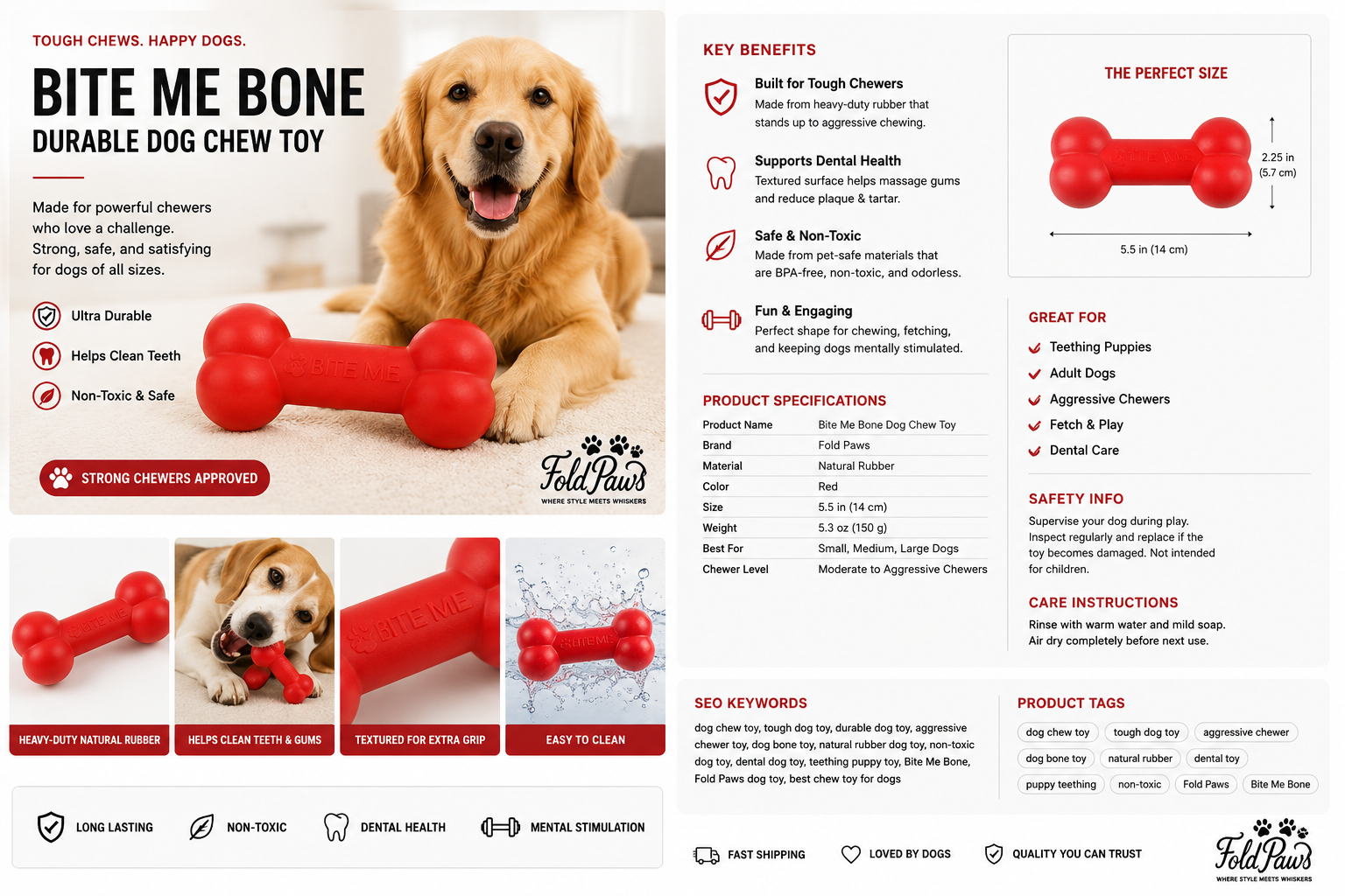 Fold Paws Bite Me Bone Dog Chew Toy - Durable Red Bone Toy for Dogs