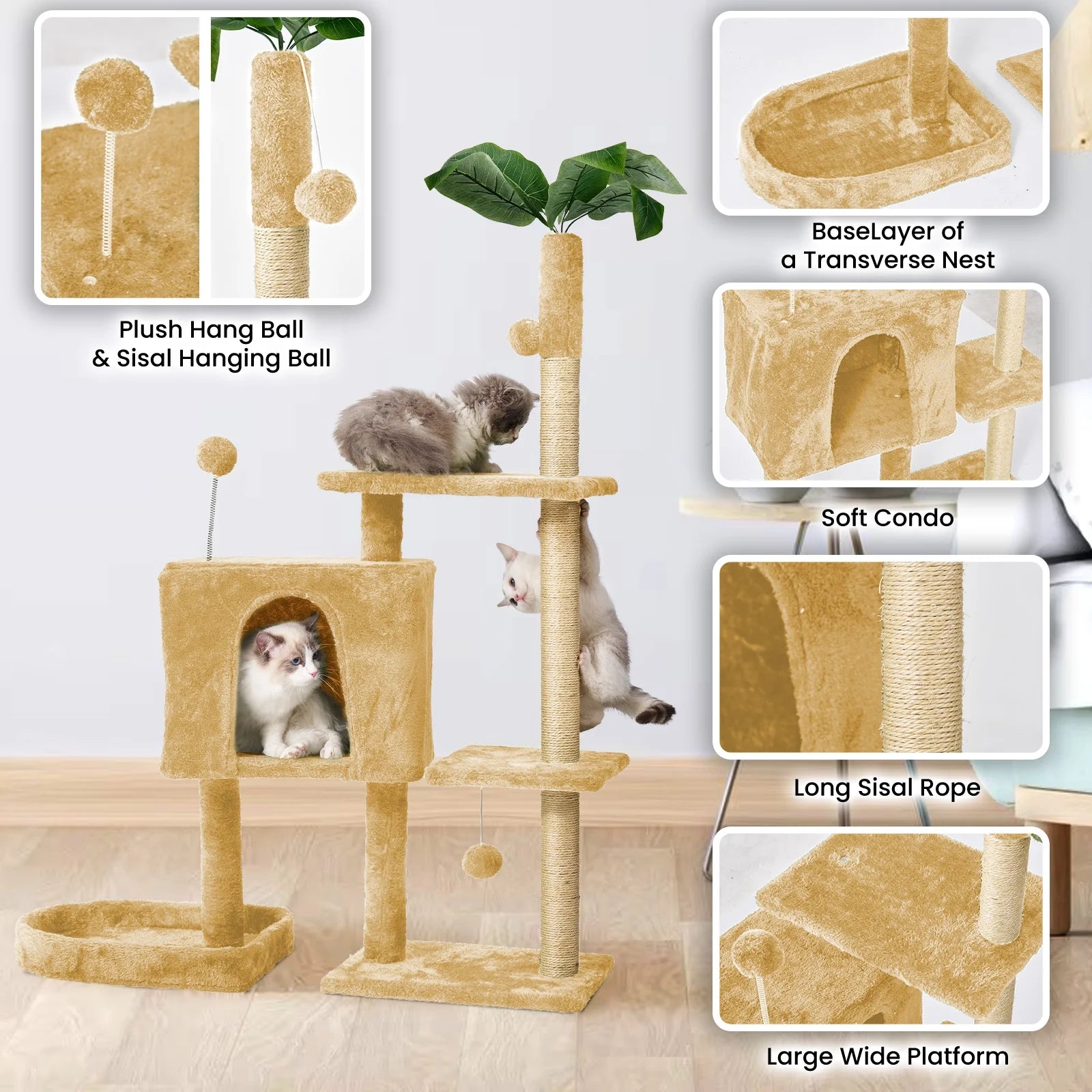 Cozy Green Leaf Cat Tree Tower with Scratching Posts and Hang Ball