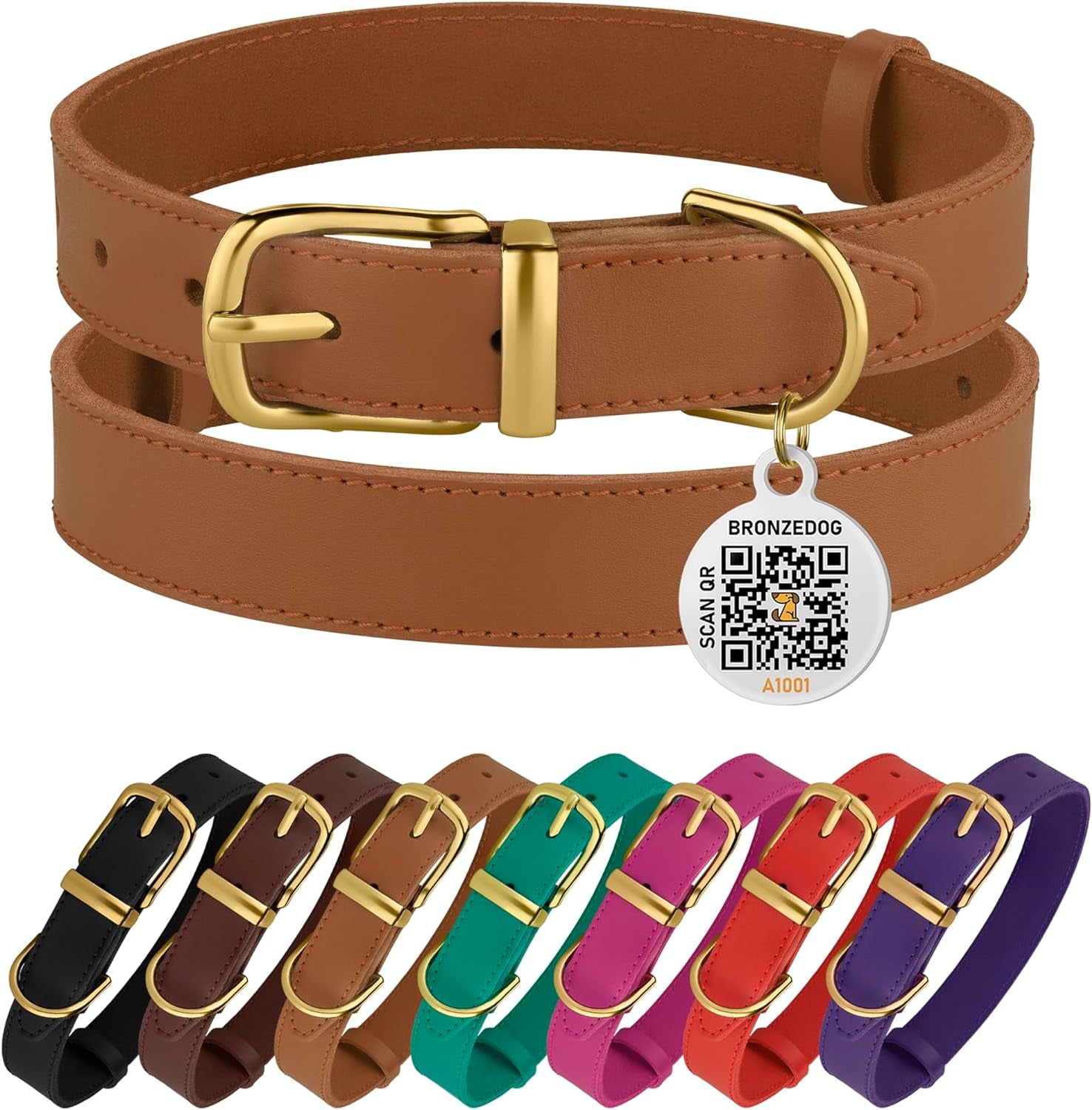 BRONZEDOG Leather Dog Collar, Durable Pet Collar with Metal Buckle, Pink & Gold Design for Small to Large Dogs