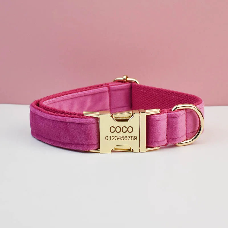 Luxurious Rose Red Velvet Dog Collar and Leash Set with Custom Engraved Nameplate - Perfect Pet Accessory!