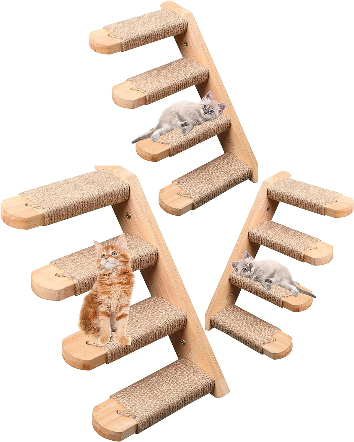 Skywin Cat Steps - 2 Pack Brown-Color Solid Rubber Wood Cat Stairs Great for Scratching and Climbing - Easy to Install Wall Mounted Cat Shelves for Playful Cats