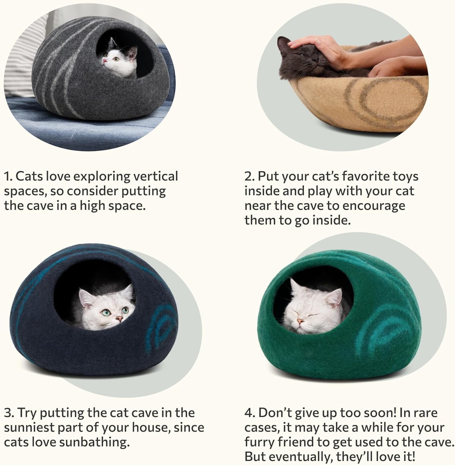 MEOWFIA Cat Bed Cave Premium Felt - Handmade 100% Merino Wool Bed for Cats and Kittens (Light Shades) (Medium, Aquamarine)