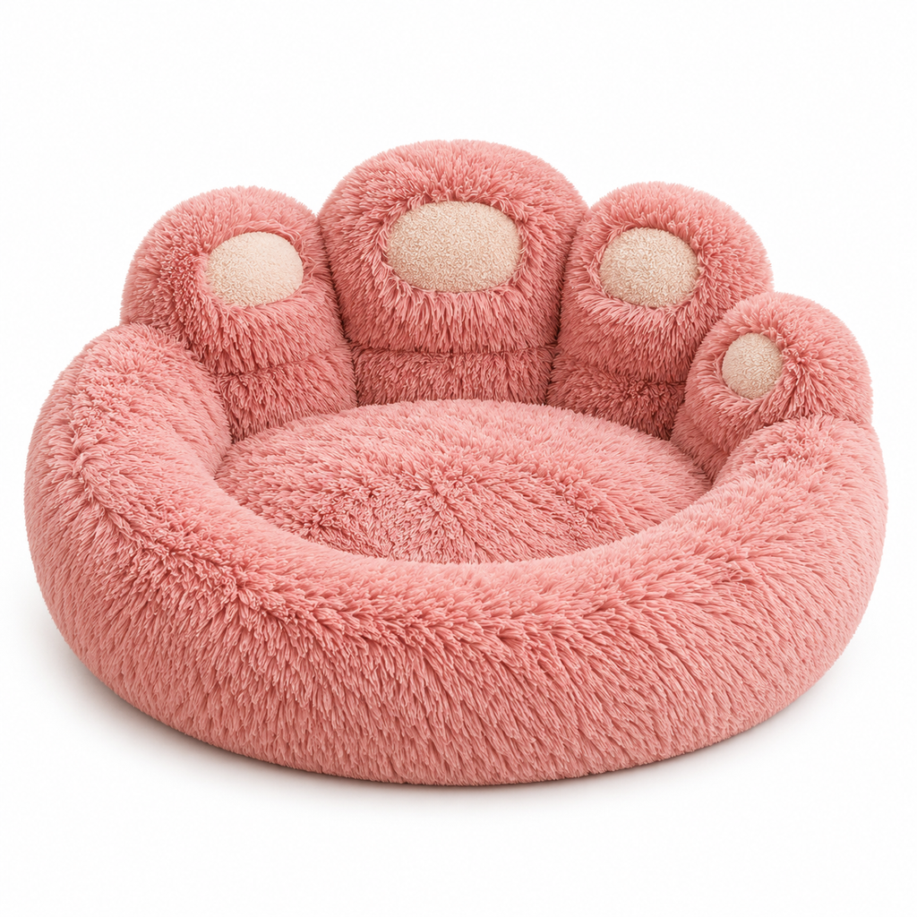 Fold Paws Plush Paw Print Pet Bed - 360 Degree Cozy Nest for Cats & Dogs