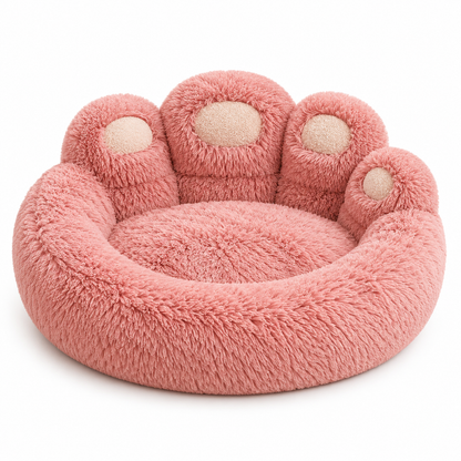 Pink Fold Paws plush paw print pet bed on white background