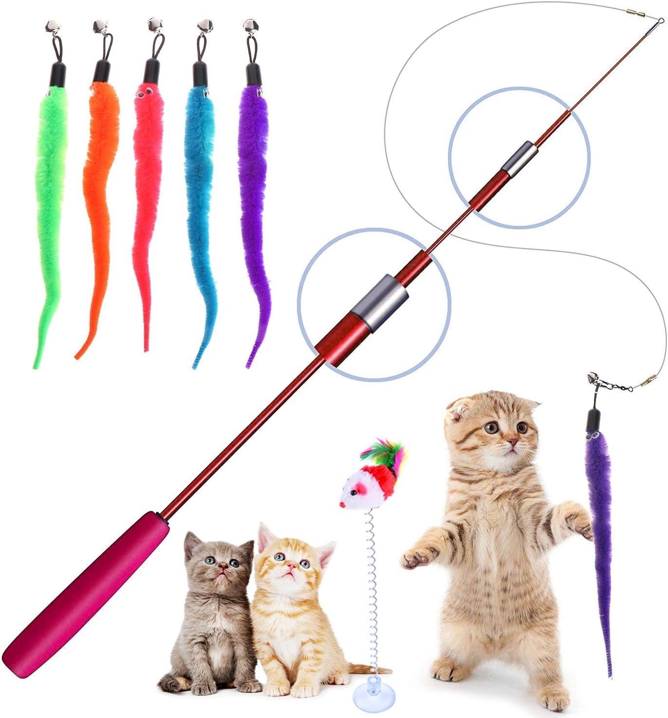 Retractable Cat Toys Wand with 5 Piece Teaser Refills, Interactive Cat Feather Toy for Cat Kitten Having Fun Exerciser Playing, Red