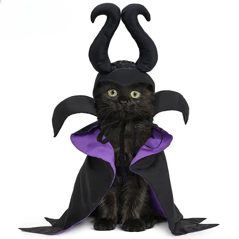 Halloween Witch-Shaped Costume Cat Purple Vampire Cape Puppy Wizard Devil Horns Hat Pet Holiday Outfit for Small Middle-Sized Do