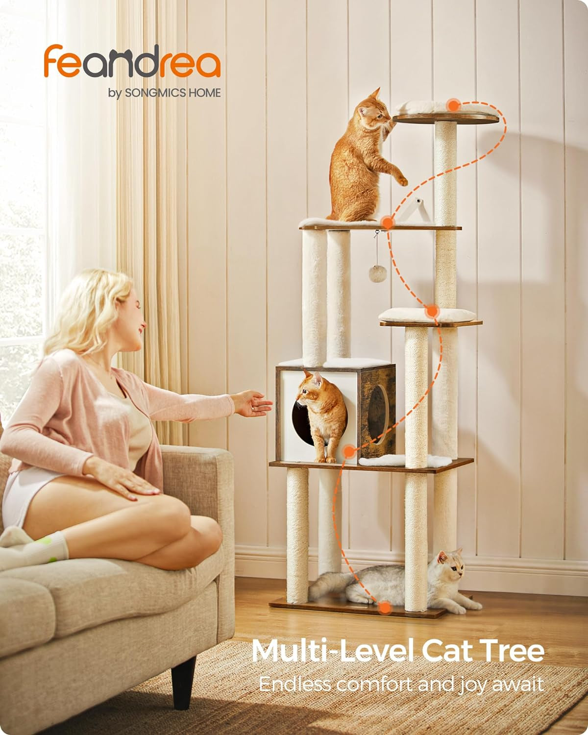 Rustic Brown 65-Inch Modern Cat Tower with Scratching Posts and Washable Cushions