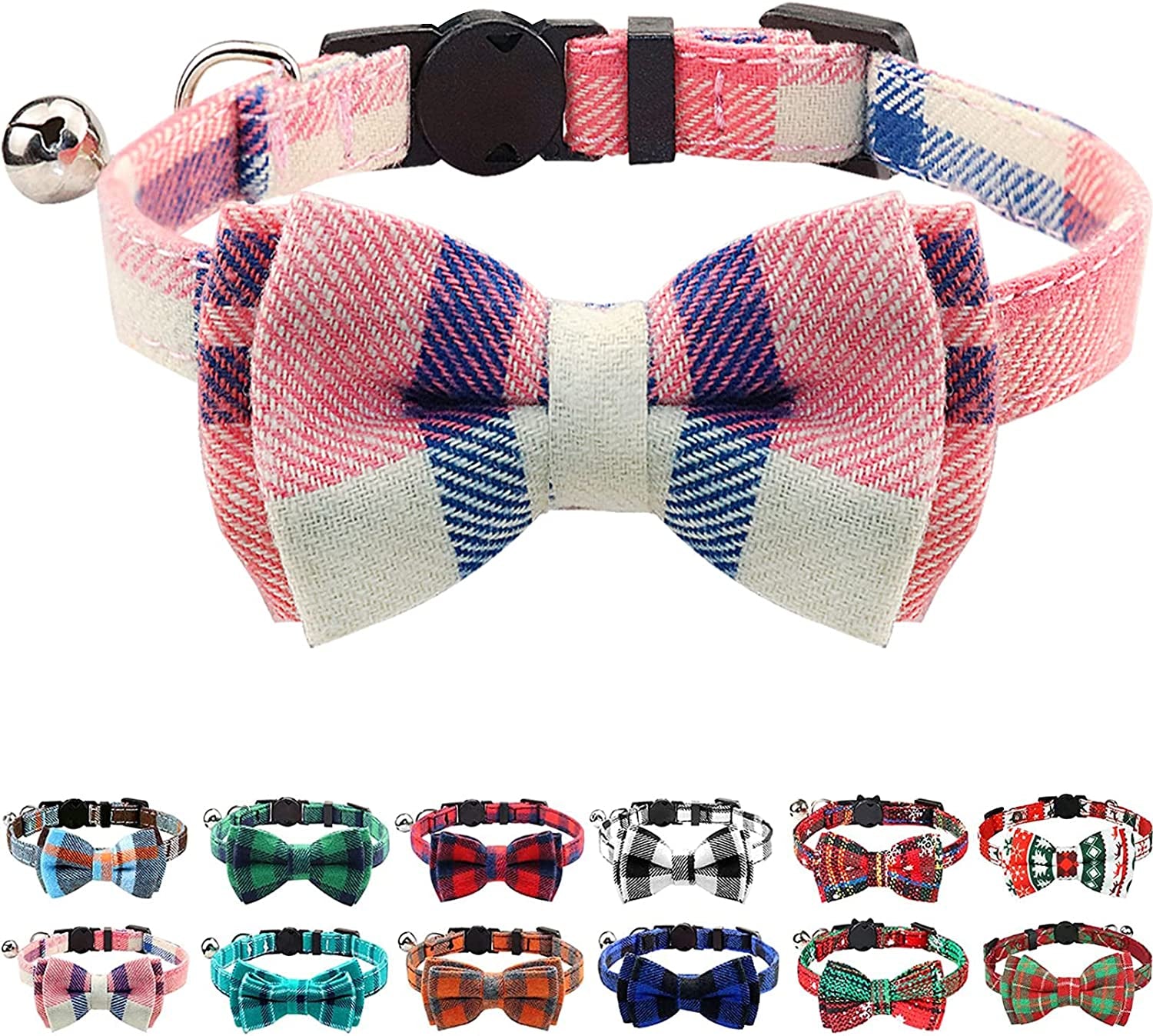 Joytale Upgraded Cat Collar with Bells, Breakaway Cat Collars with Bow Tie, 1 Pack Girl Boy Safety Plaid Kitten Collars, Haze Blue