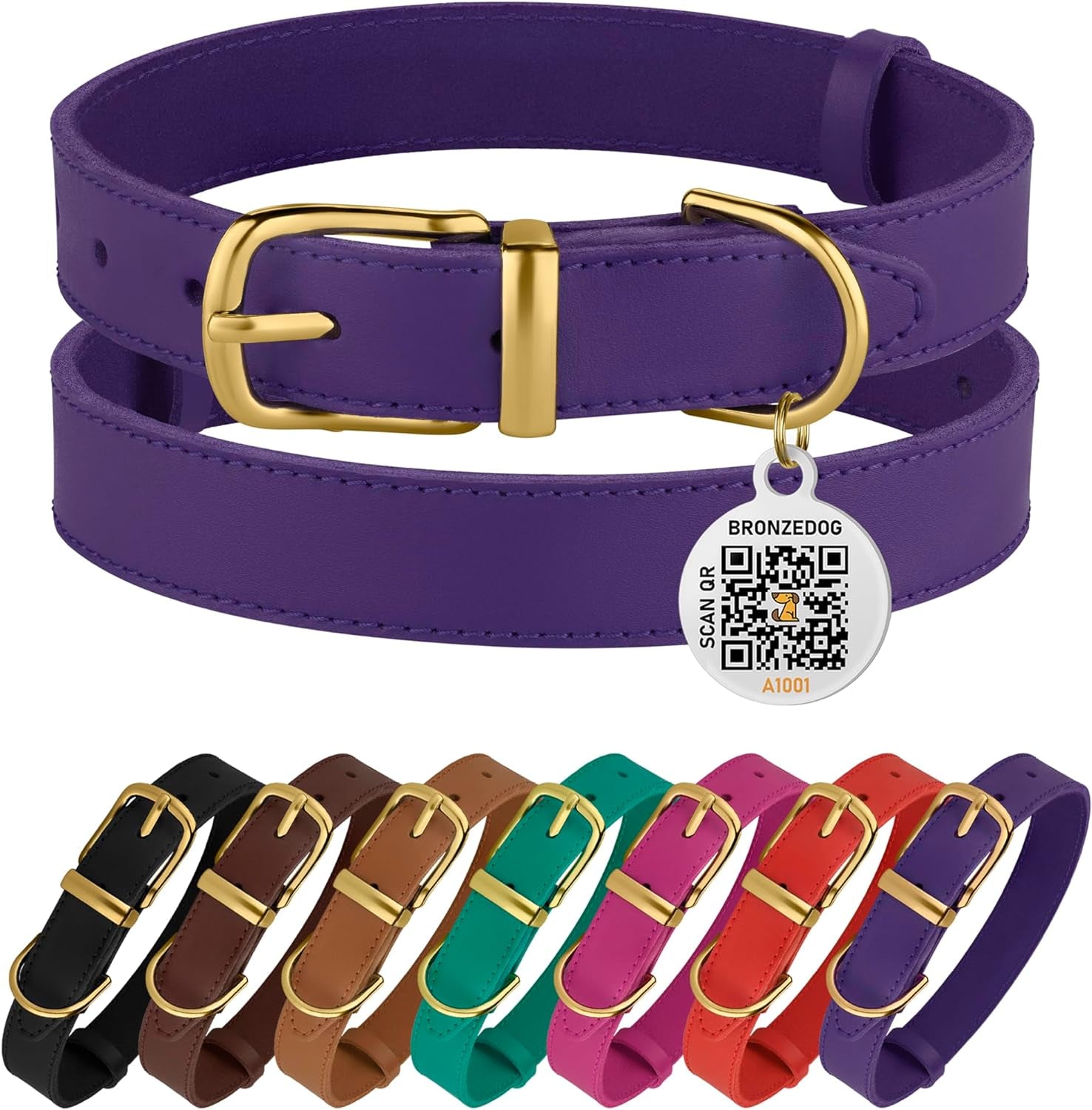 BRONZEDOG Leather Dog Collar, Durable Pet Collar with Metal Buckle, Pink & Gold Design for Small to Large Dogs