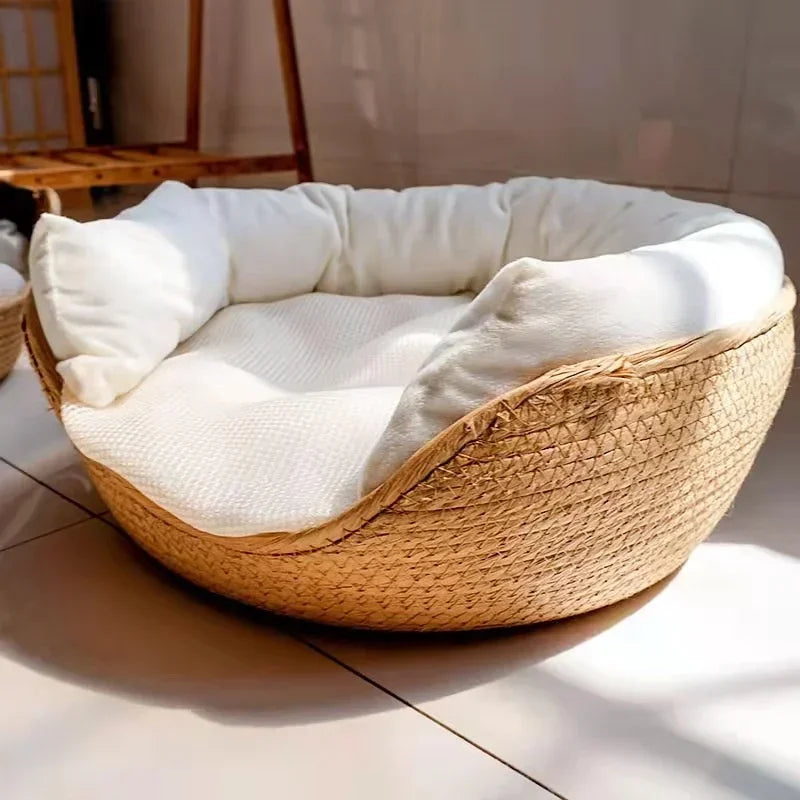 Cozy Bamboo Weave Pet Bed - Waterproof & Removable Cushion for All Seasons