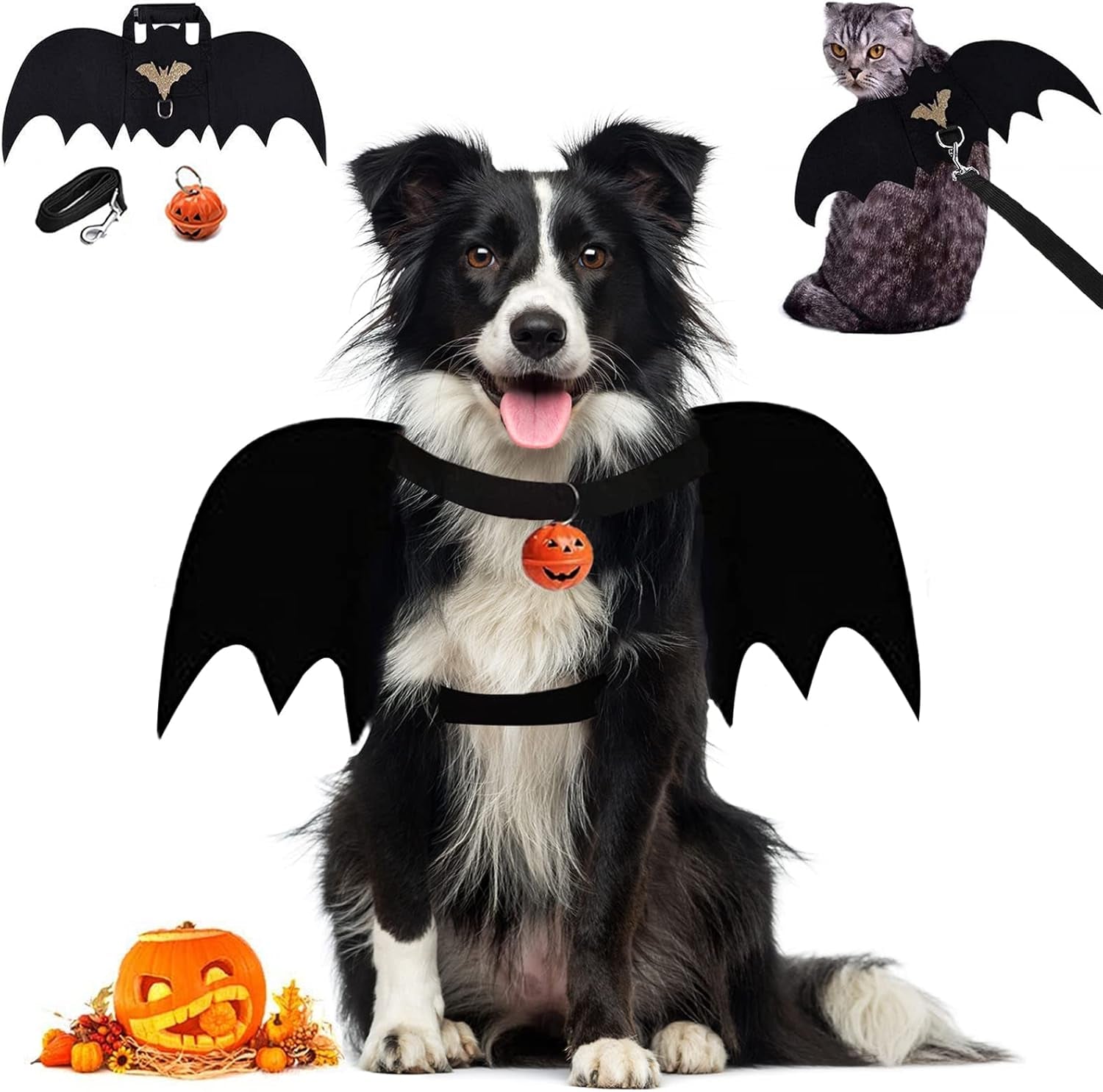 Dog Bat Wings, Pet Halloween Costume for Medium Large Dogs Funny Dog Clothes with Leads and Pumpkin Bells Puppy Dress up Halloween Decorations Apparel