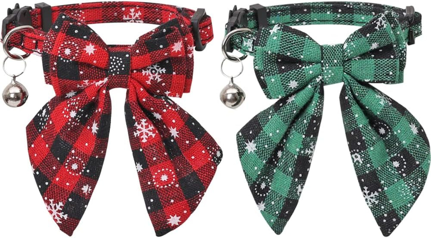 Azuza Christmas Cat Collar 2-Pack, Adjustable Plaid Bow Tie Collars with Bell, Safety Breakaway for Cats & Small Dogs