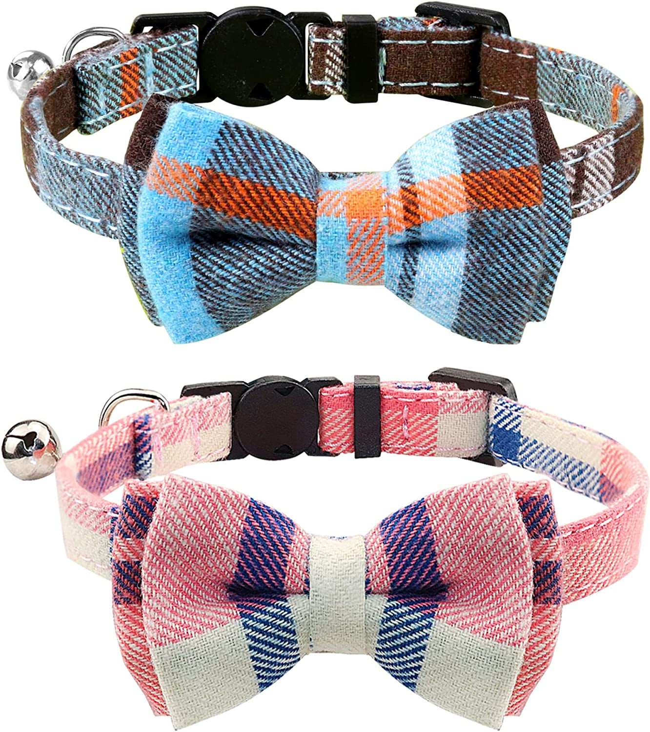 Joytale Upgraded Cat Collar with Bells, Breakaway Cat Collars with Bow Tie, 1 Pack Girl Boy Safety Plaid Kitten Collars, Haze Blue