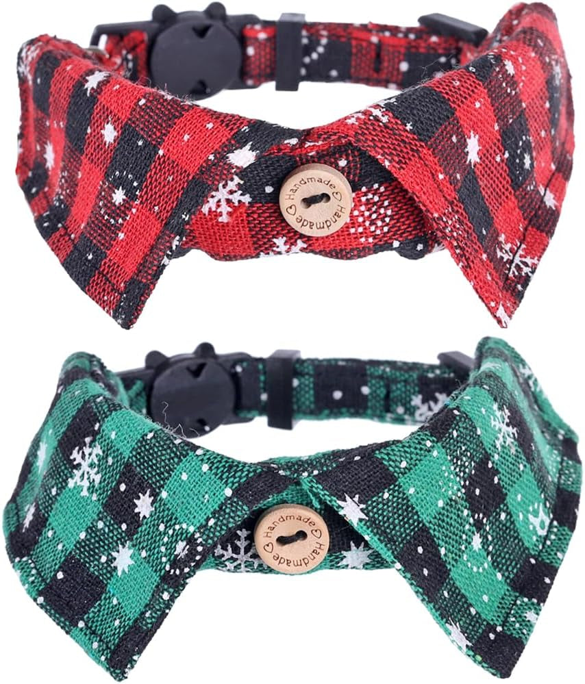 Azuza Christmas Cat Collar 2-Pack, Adjustable Plaid Bow Tie Collars with Bell, Safety Breakaway for Cats & Small Dogs