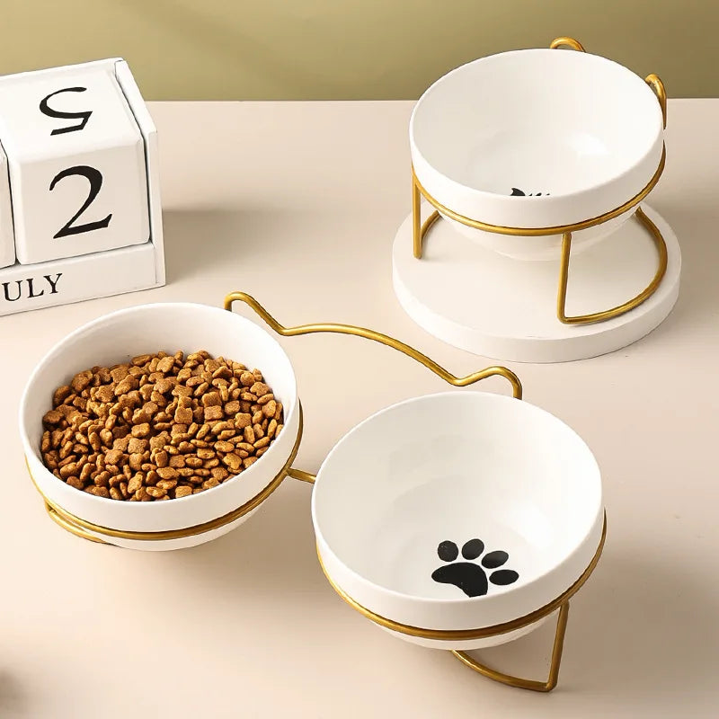 Pet Cat Bowl Ceramic 500ML Water Feeder Food Feeding Dish Dispenser with Raised Stand Kitten Puppy Metal Elevated Bowl