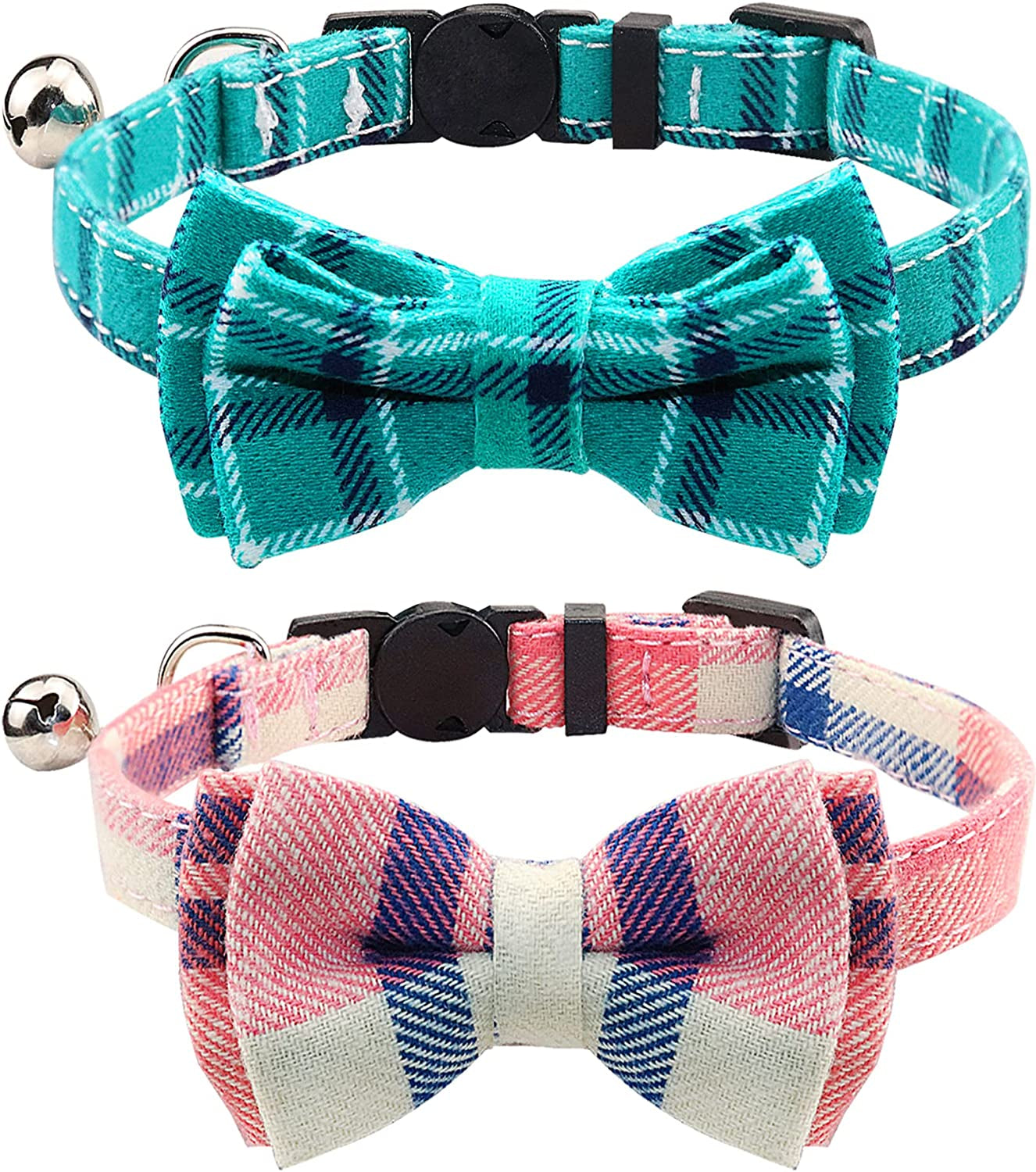 Joytale Upgraded Cat Collar with Bells, Breakaway Cat Collars with Bow Tie, 1 Pack Girl Boy Safety Plaid Kitten Collars, Haze Blue