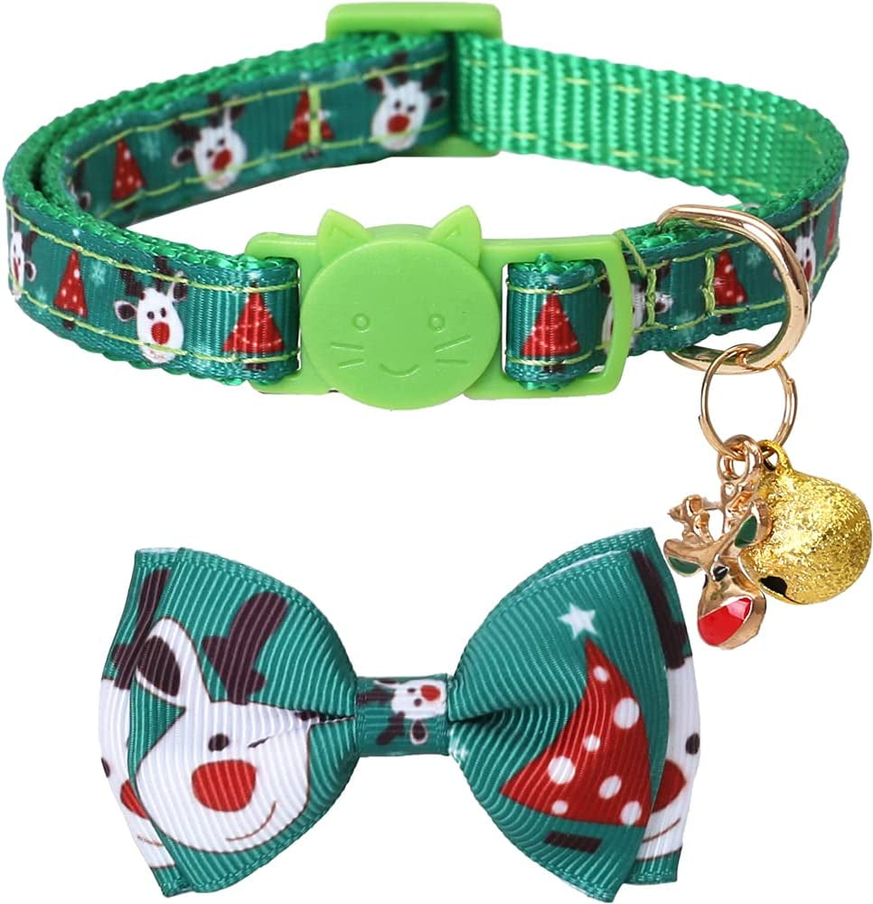 Christmas Cat Collar, Adjustable Breakaway Collar with Bow Tie & Bell, Safety Design for Kittens