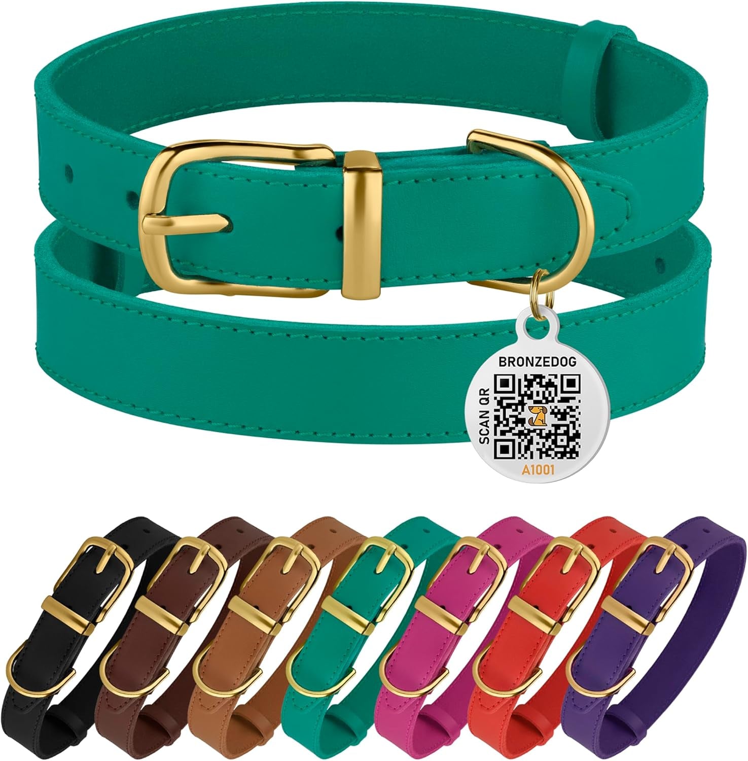 BRONZEDOG Leather Dog Collar, Durable Pet Collar with Metal Buckle, Pink & Gold Design for Small to Large Dogs