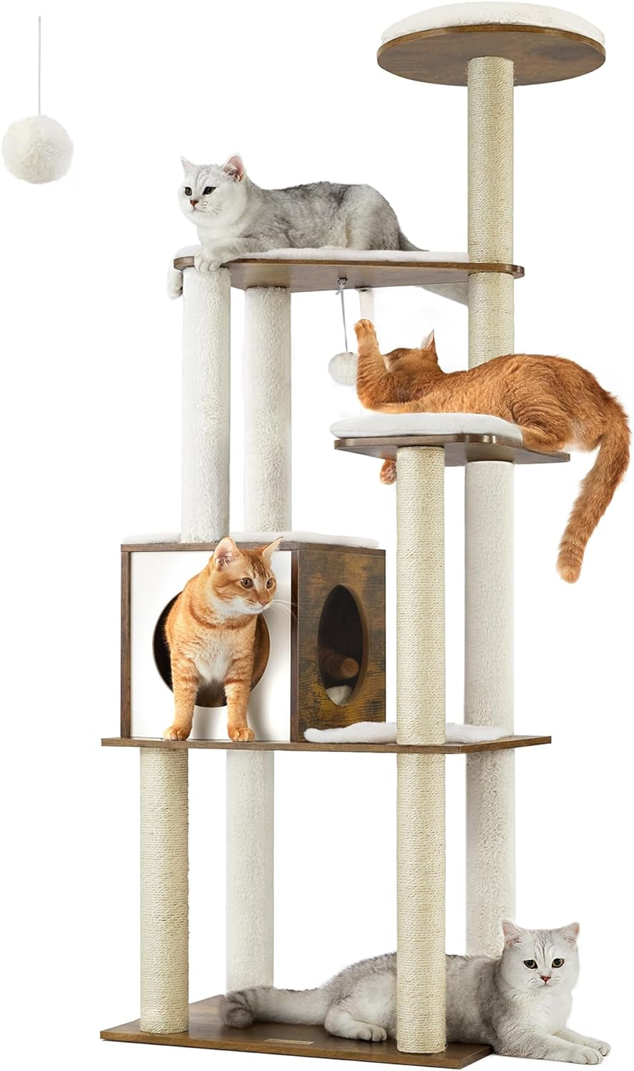 Rustic Brown 65-Inch Modern Cat Tower with Scratching Posts and Washable Cushions