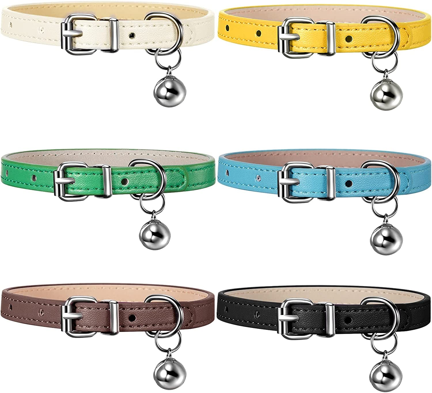 Weewooday 6-Pack Leather Cat Collar with Bell, Safety Elastic Strap, Adjustable Collars for Kittens & Small Pets (Bright Colors)