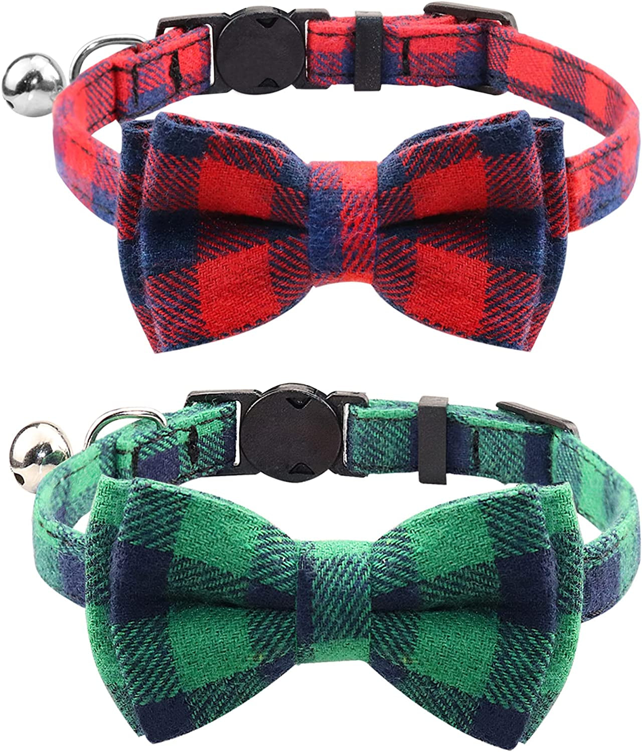 Joytale Upgraded Cat Collar with Bells, Breakaway Cat Collars with Bow Tie, 1 Pack Girl Boy Safety Plaid Kitten Collars, Haze Blue