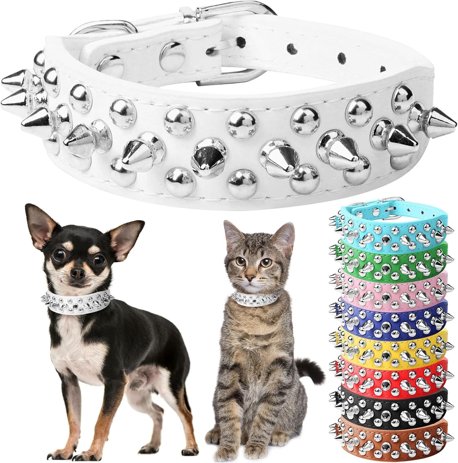 Spiked Dog Cat Collar, Soft White Leather Adjustable Puppy Collar with Studded Spikes, Anti-Bite Design for Small Dogs & Cats (XS, White)