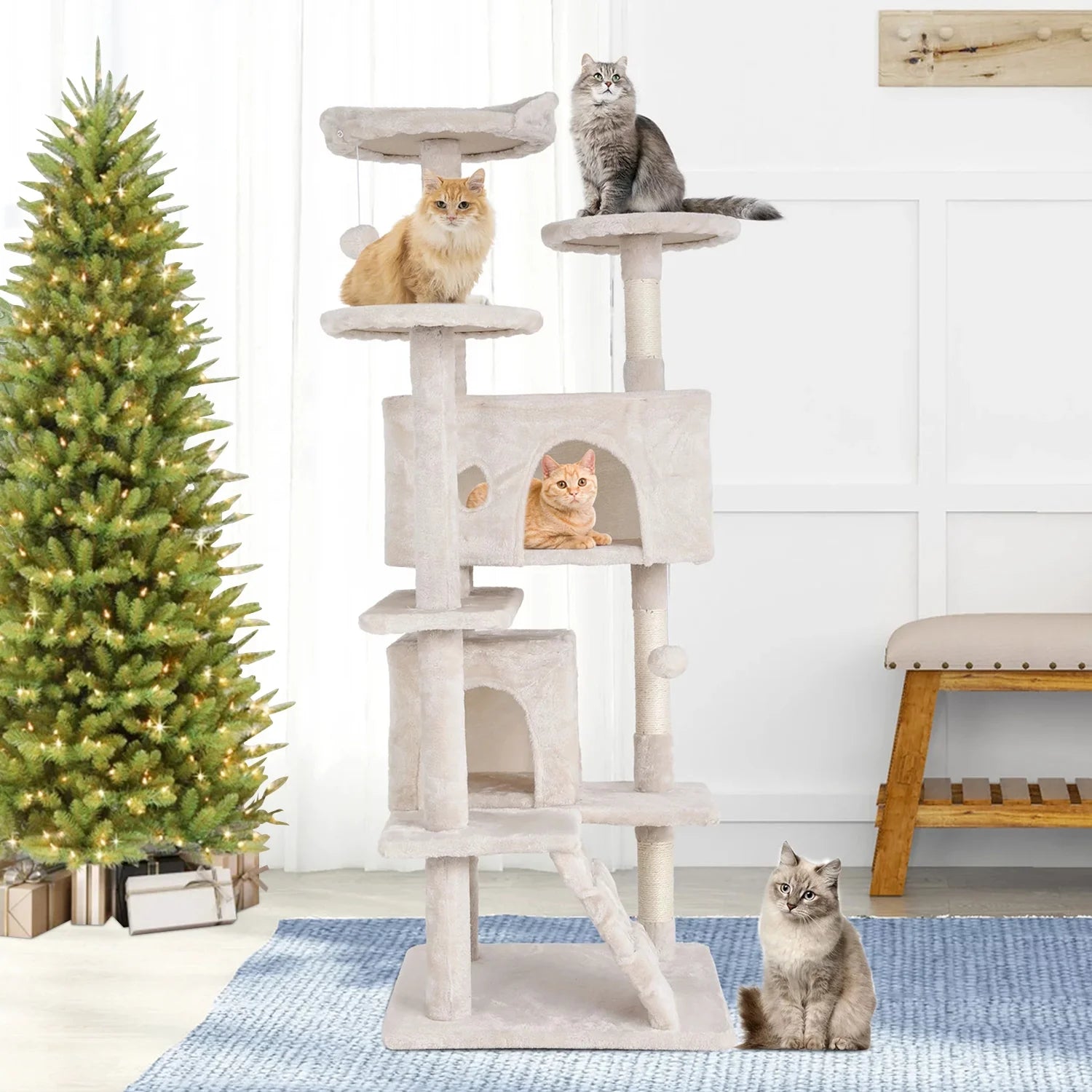 54-In Double Condo Cat Tree Tower Playhouse with Scratching Post & Perch for Indoor, Beige