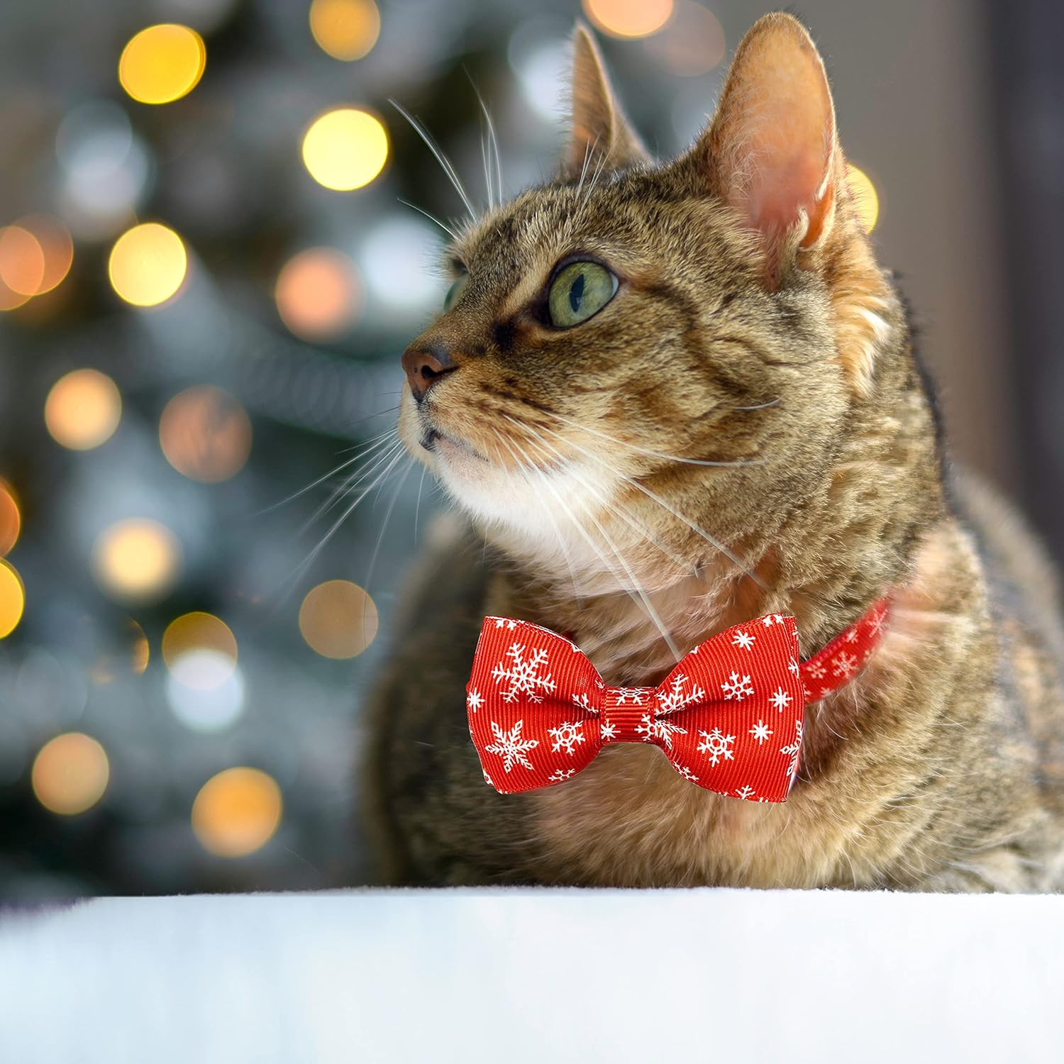 Pohshido Christmas Cat Collar Set, Adjustable Breakaway Bow Tie Collars with Bell, Festive Santa & Snowflake Design