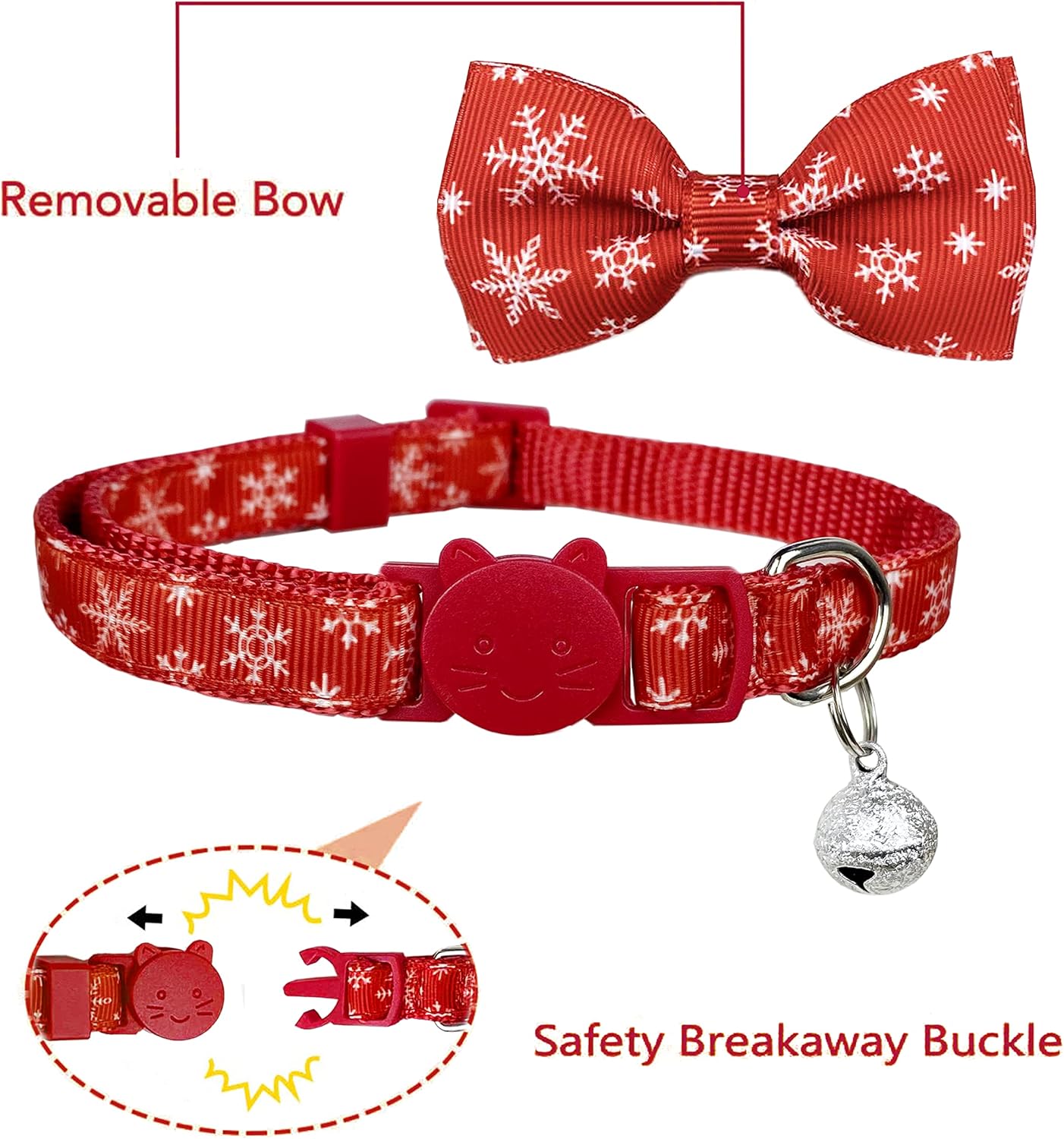 Pohshido Christmas Cat Collar Set, Adjustable Breakaway Bow Tie Collars with Bell, Festive Santa & Snowflake Design