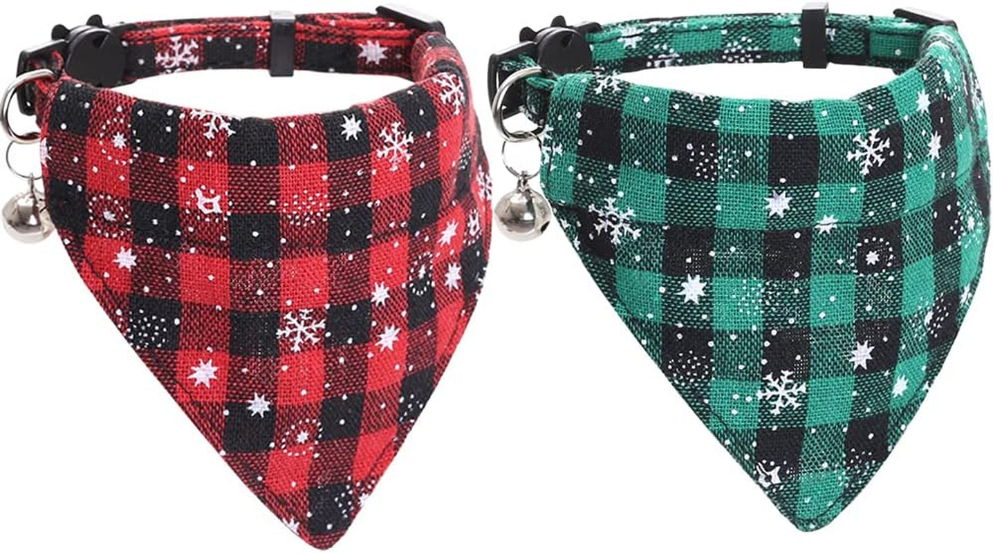 Azuza Christmas Cat Collar 2-Pack, Adjustable Plaid Bow Tie Collars with Bell, Safety Breakaway for Cats & Small Dogs