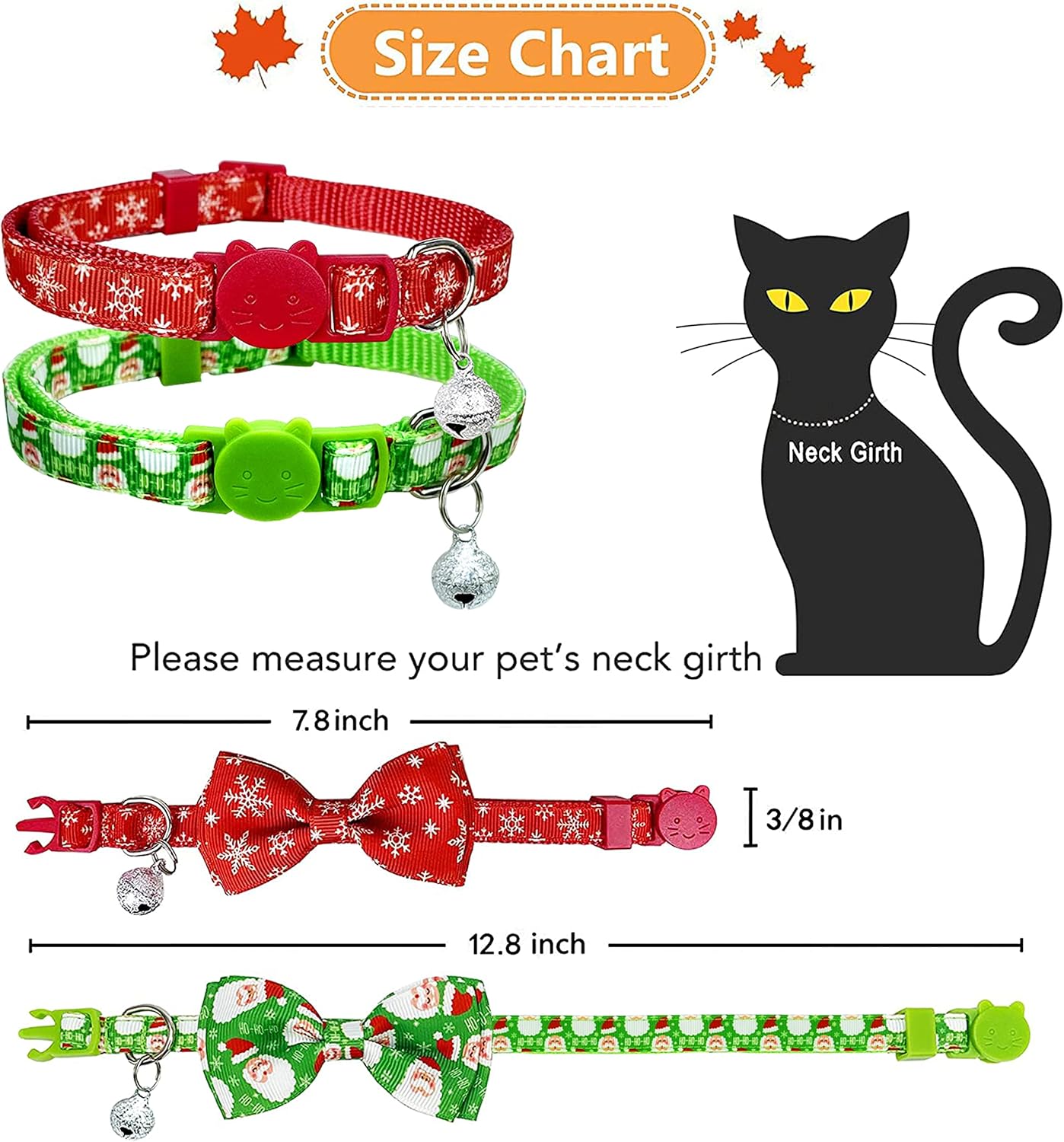 Pohshido Christmas Cat Collar Set, Adjustable Breakaway Bow Tie Collars with Bell, Festive Santa & Snowflake Design