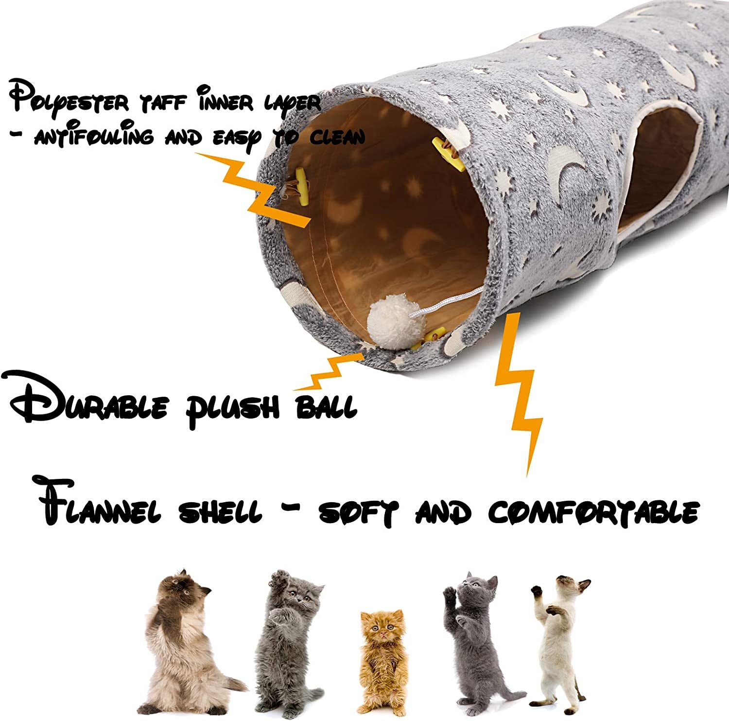 LUCKITTY Cat Tunnel Tube with Plush Ball Toys Collapsible Self-Luminous Photoluminescence, for Small Animals Pets Bunny Rabbits, Kittens, Ferrets,Puppy and Dogs Grey Moon Star