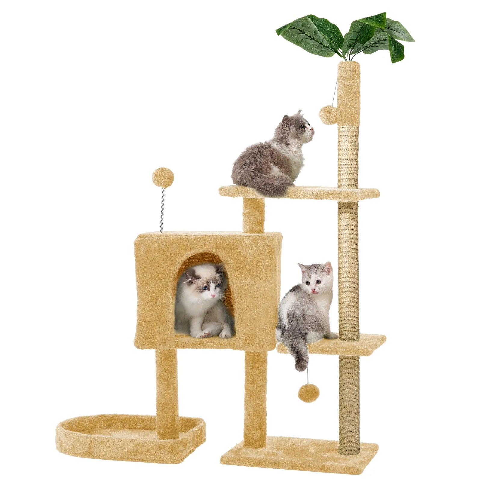 Cozy Green Leaf Cat Tree Tower with Scratching Posts and Hang Ball