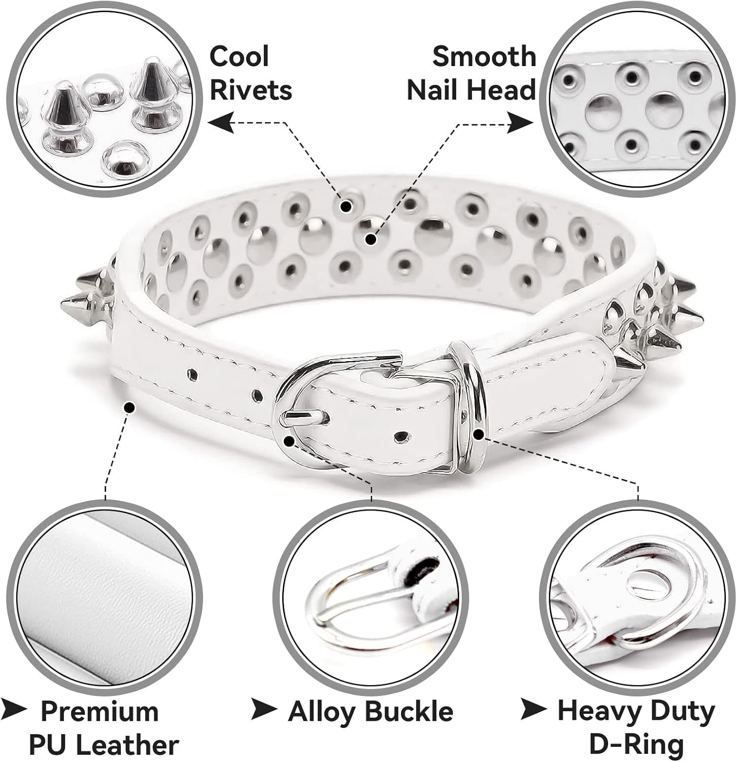 Spiked Dog Cat Collar, Soft White Leather Adjustable Puppy Collar with Studded Spikes, Anti-Bite Design for Small Dogs & Cats (XS, White)